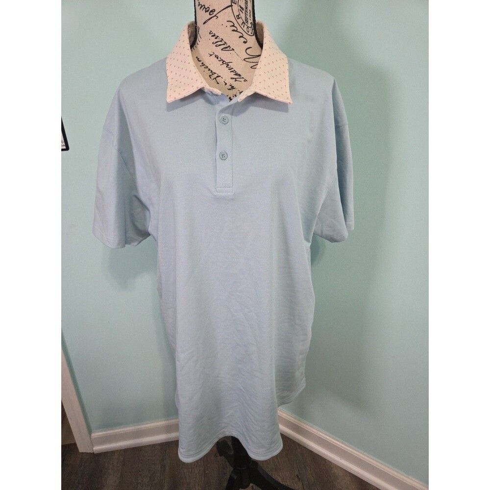 Men BYLT Polo Shirt Size XL Drop Cut Lux Short Sleeve Polka Dots blue